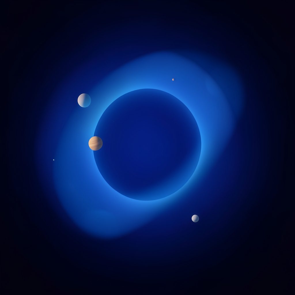 A radiant cosmic scene with concentric orbital rings glowing in soft gold and pale blue against a deep indigo space background, conveying wonder and celestial harmony.