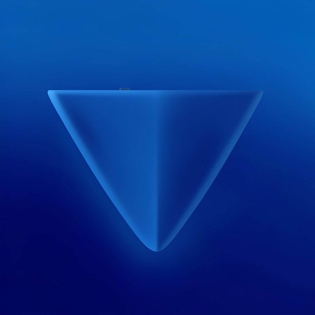 A sleek V-shaped craft with a metallic silver-blue sheen gliding silently through a twilight sky of deep navy and soft lavender, evoking mystery and advanced intelligence.