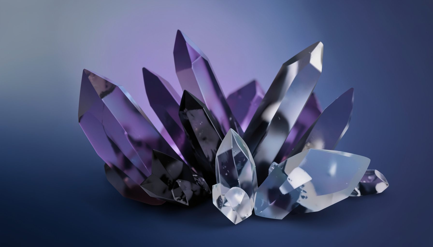 A serene arrangement of translucent and dark crystals catching soft light, with violet, smoky black, and icy white tones against a muted gradient background.