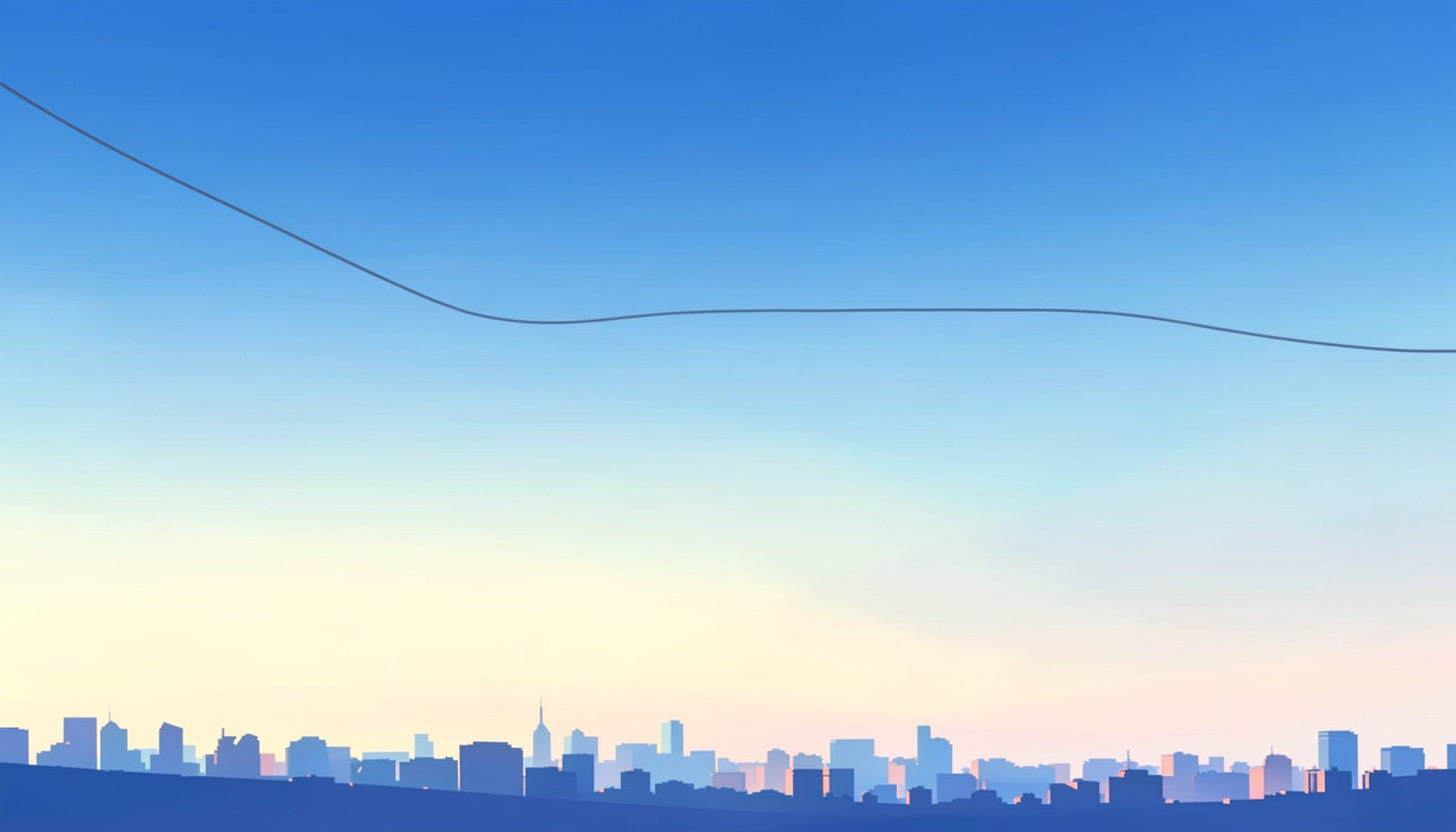 A vast open sky in soft pastel blues and creams, with a thin wire stretched high above a city skyline at dawn, evoking stillness and daring